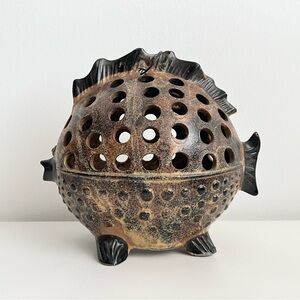 Vintage Handmade Pufferfish Blowfish Ceramic Figurine Hanging Nautical Beach Sea